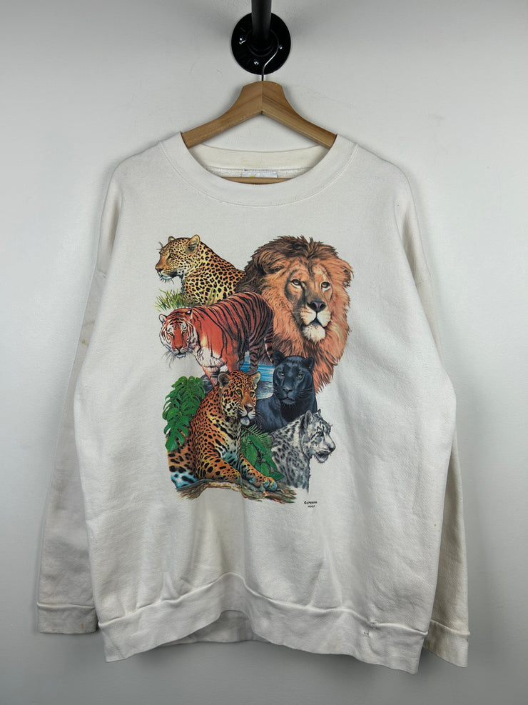Vintage 90s Wildlife Lion Tiger Cheetah White Crewneck