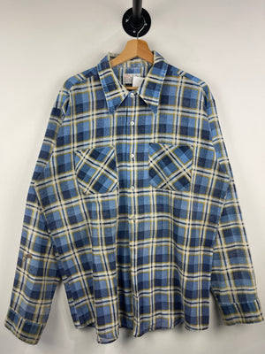 Vintage 70s Donlin Plaid Yellow & Blue Button Up Flannel Long Sleeve Shirt