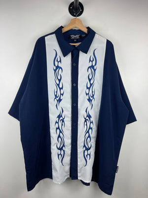 Vintage Y2K Dragon Fly Tribal Blue & White Short Sleeve Button Up Shirt