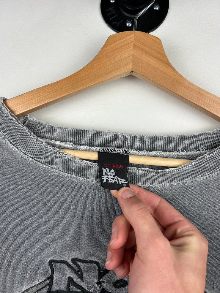 Vintage 90s No Fear Embroidered Thrashed Faded Grey Crewneck
