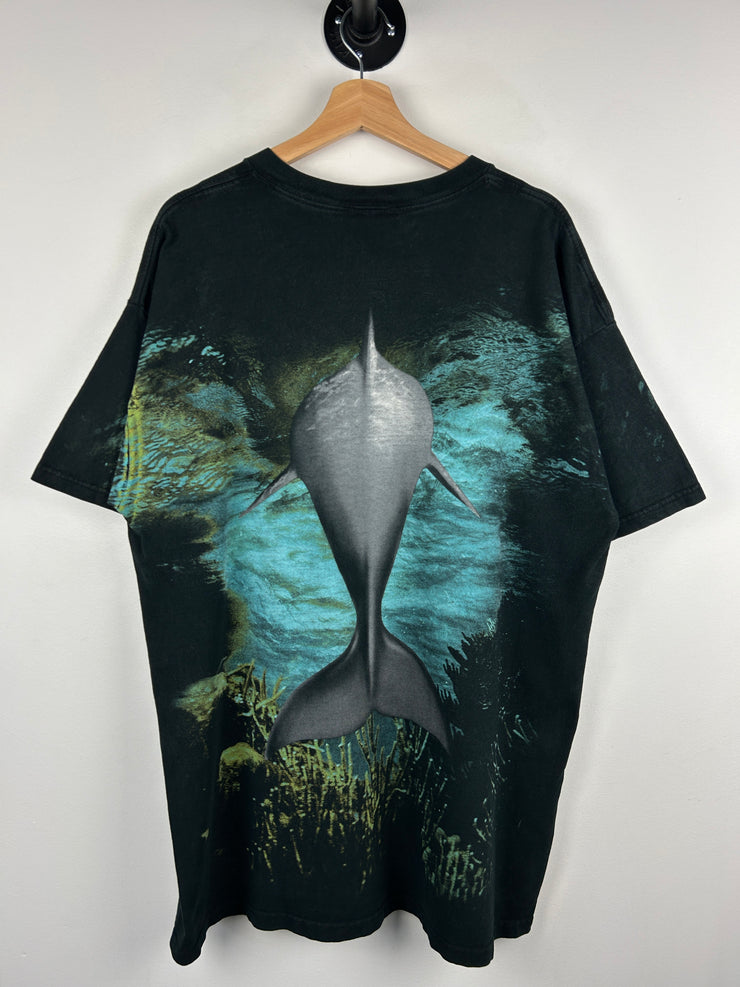 Vintage 90s Dolphins Ocean All Over Print Black Tee