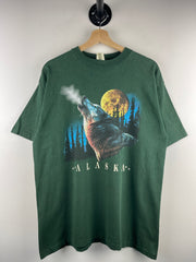 Vintage 90s Alaska Wolf Howling At The Moon Green Tee