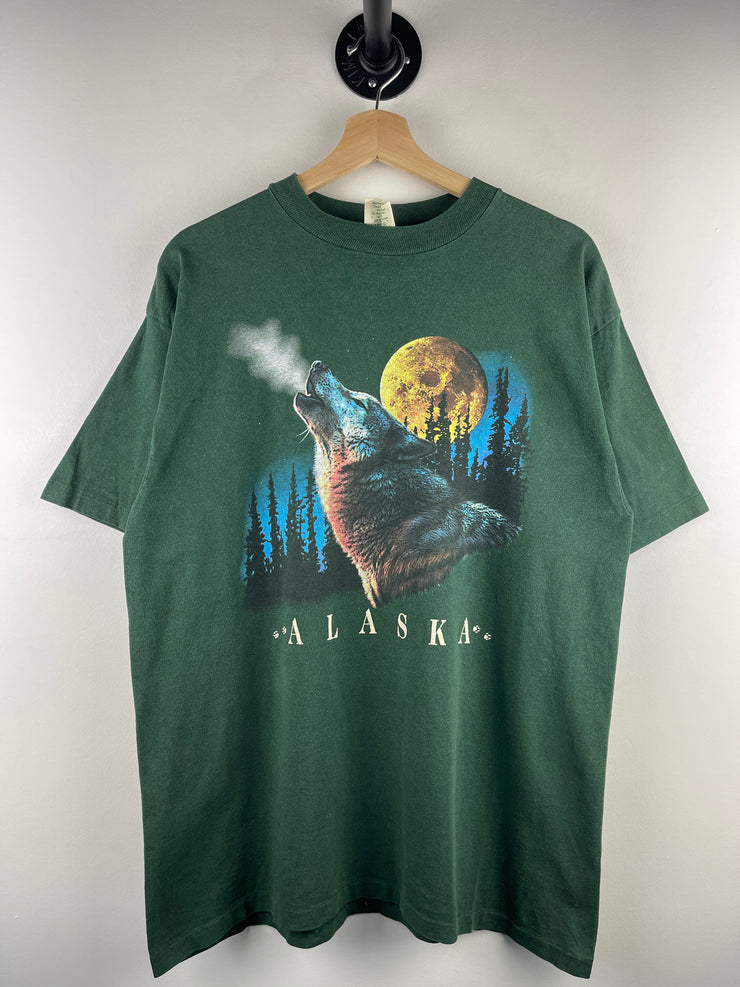 Vintage 90s Alaska Wolf Howling At The Moon Green Tee