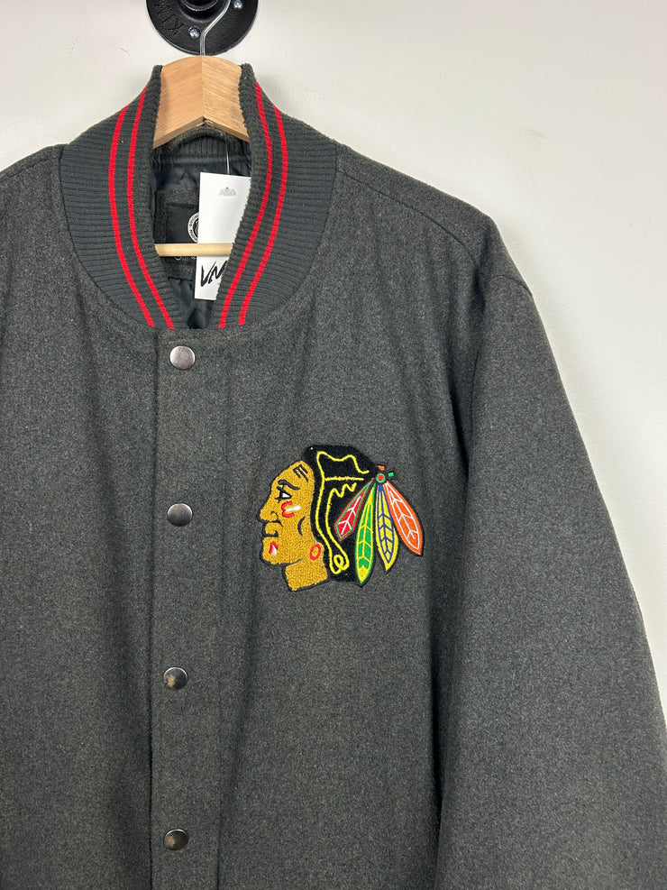 Vintage NHL Carl Banks Chicago Blackhawks Grey Wool Varsity Jacket