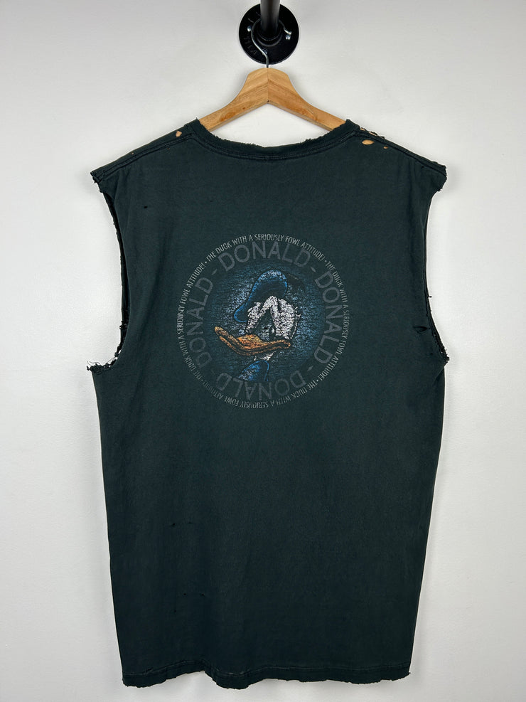 Vintage 90s Disney Donald Duck Thrashed Black Cut Off Tank Top