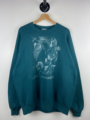 Vintage 90s Horse Wildlife Teal Crewneck