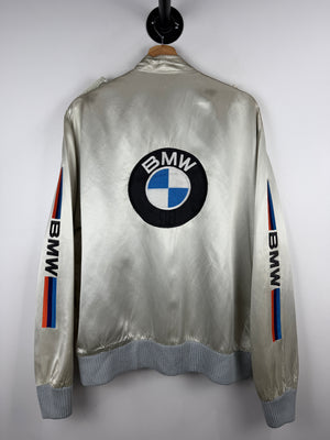 Vintage 80s BMW Style Auto 500 Silver Satin Bomber Jacket
