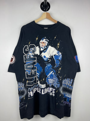 Vintage 90s NHL Bulletin Toronto Maple Leafs All Over Print Black Tee