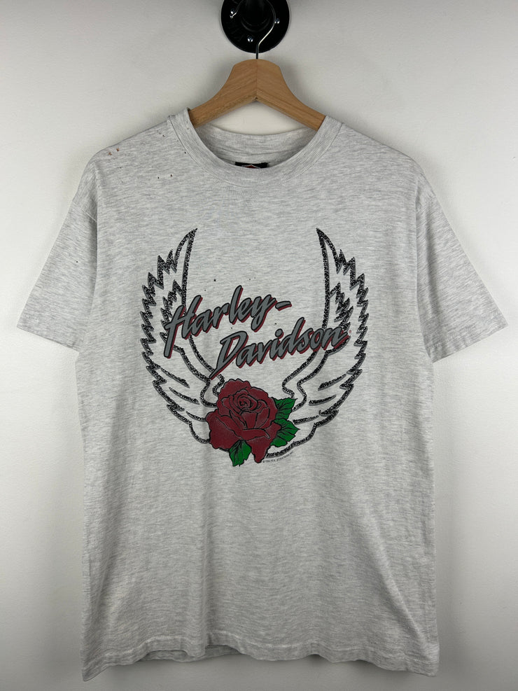 Vintage 90s Harley Davidson Rose Flower Maine Grey Tee