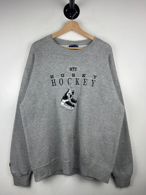Vintage 90s Jansport Michigan Tech Huskies Hockey Embroidered Grey Crewneck