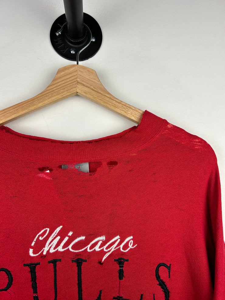 Vintage 90s NBA Logo 7 Chicago Bulls Embroidered Distressed Red Crewneck
