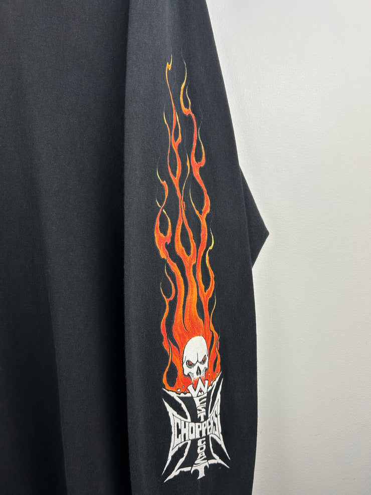 Vintage 2003 West Coast Choppers Flames Skull Black Long Sleeve