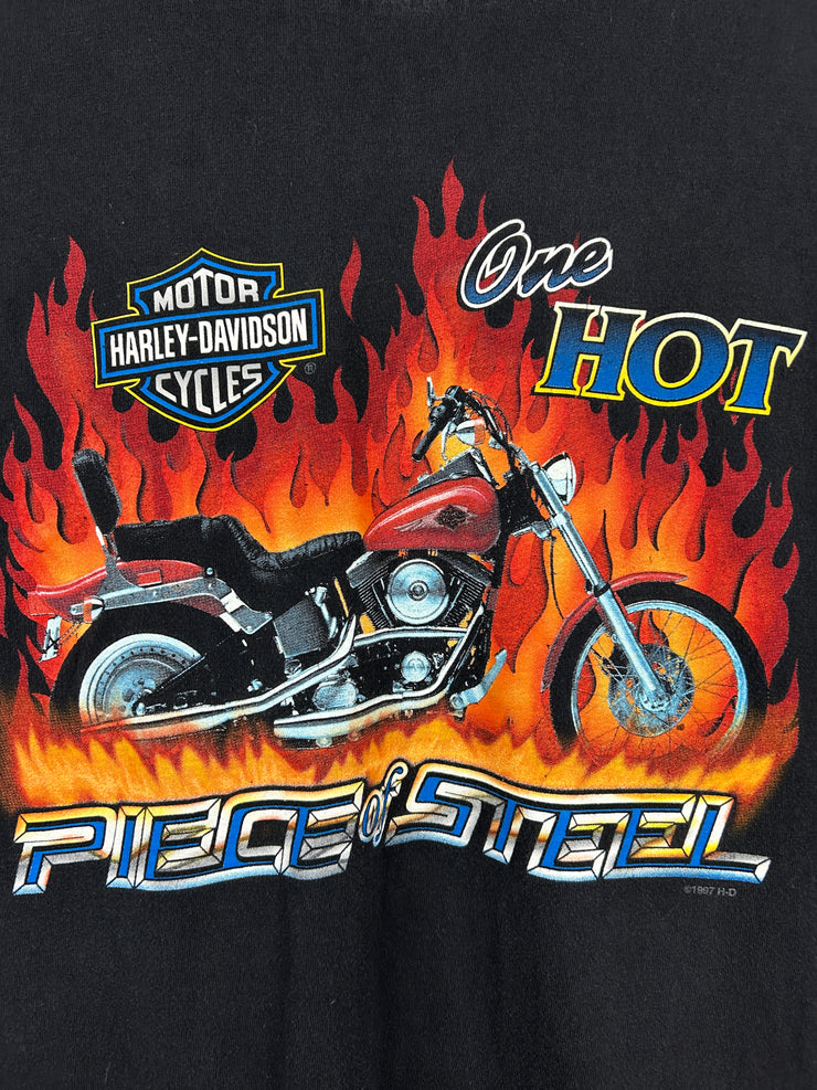 Vintage 90s Harley Davidson One Hot Piece Of Steel Flames Black Tee