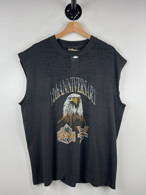 Vintage 90s Tea Springs Cycles Motorcycle Rally Thrashed Black Cut Off Tank Top