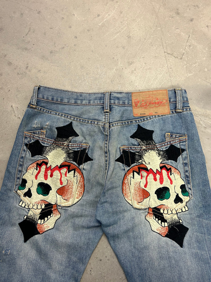 Ed Hardy Skull Cross Distressed Light Wash Blue Jeans