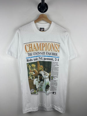 Vintage 90s MLB Cincinnati Reds Champions Newspaper White Tee
