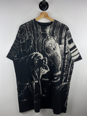Vintage 90s Wolf Wilderness Alaska All Over Print Black Tee