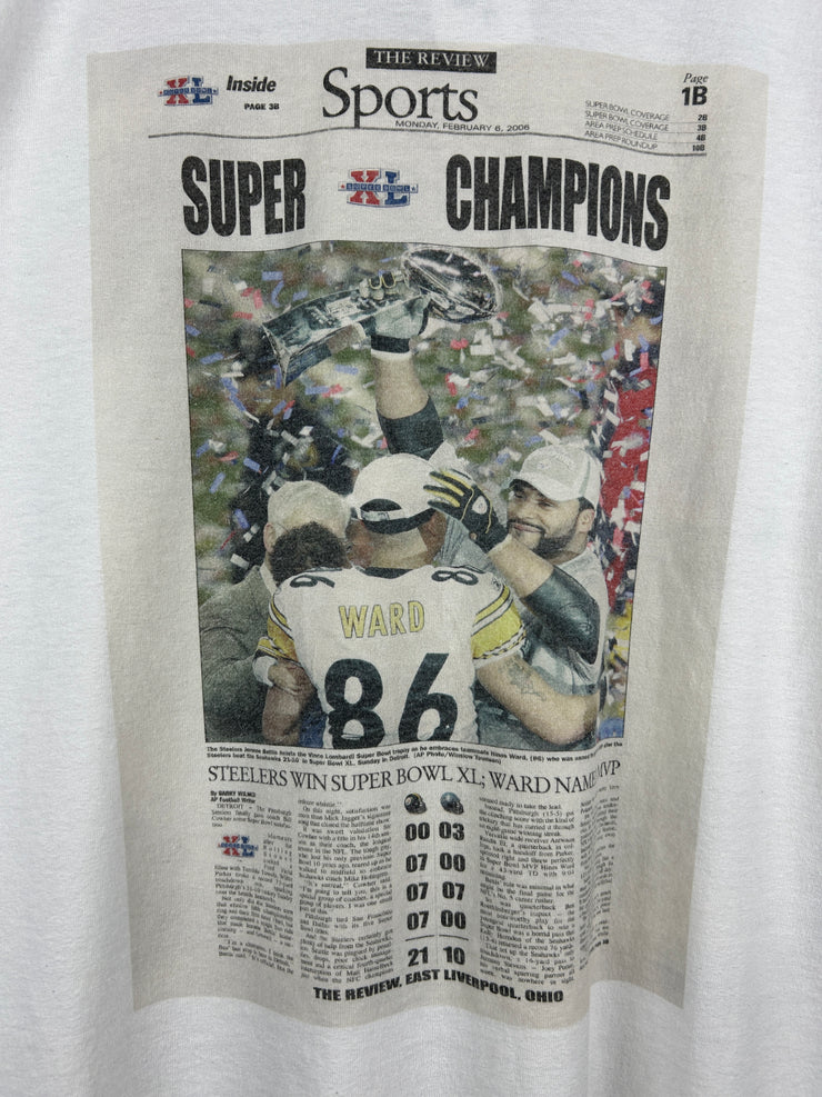 Vintage NFL Pittsburgh Steelers Newpaper Party Bus White Tee