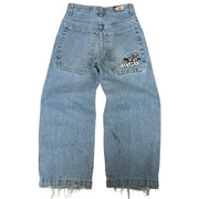 Vintage 90s JNCO Flame Head Skateboarder Baggy Blue Denim Kids Jeans