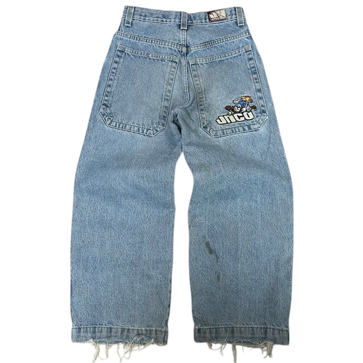 Vintage 90s JNCO Flame Head Skateboarder Baggy Blue Denim Kids Jeans