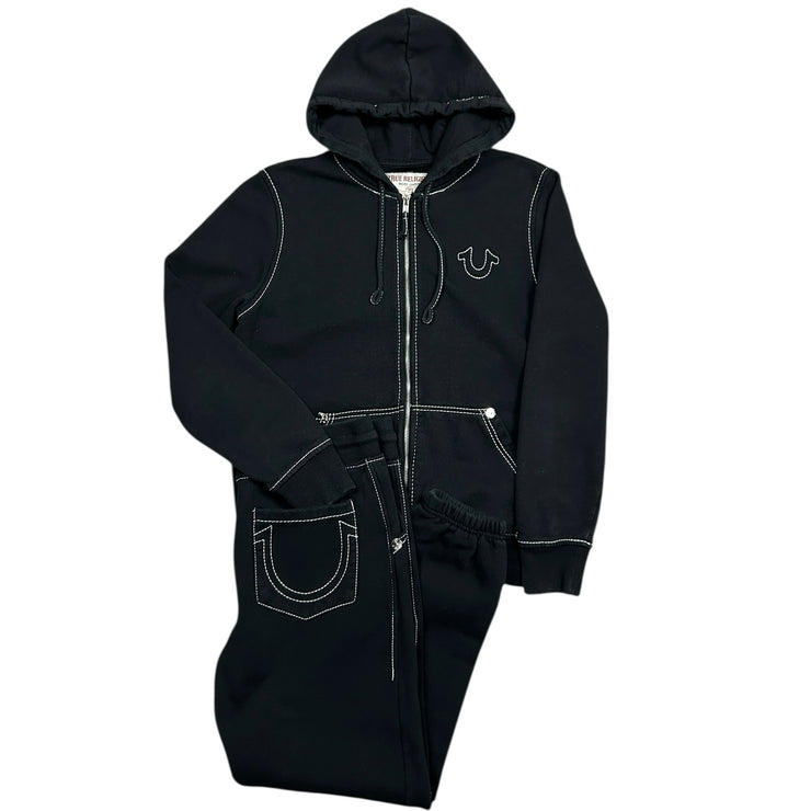 True Religion Contrast Stitch Black Zip Up Hoodie & Sweatpants Set