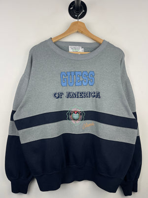 Vintage 90s Guess Jeans Of America Embroidered Grey & Navy Crewneck