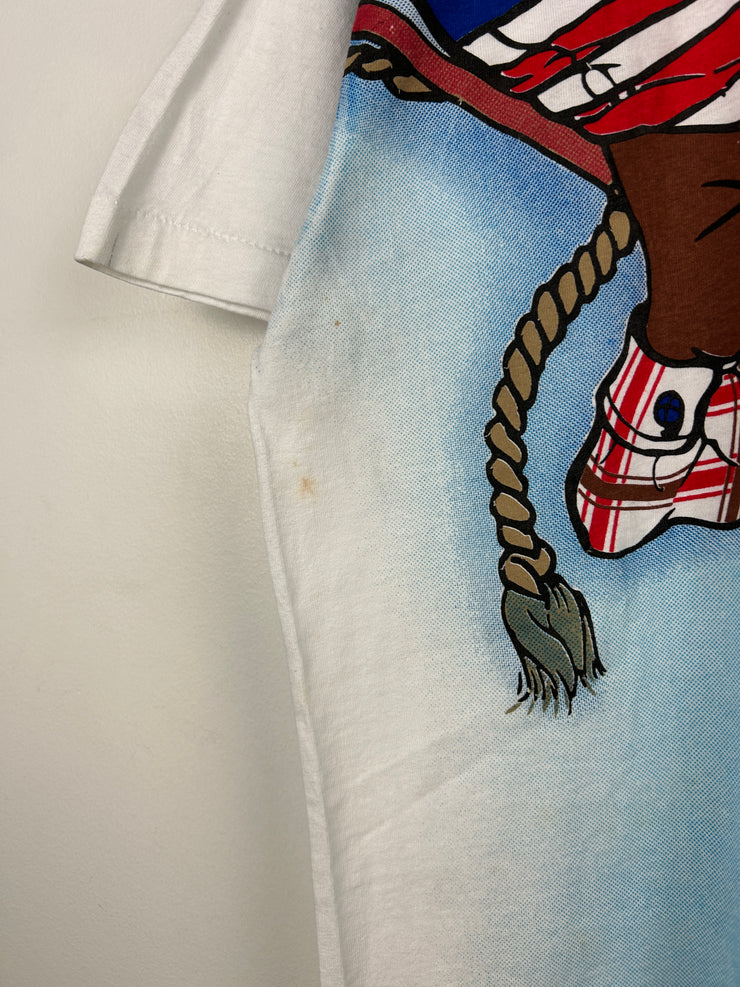 Vintage 90s Looney Tunes Taz USA American Flag Cowboy All Over Print White Tee