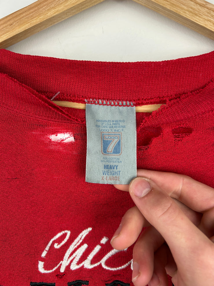 Vintage 90s NBA Logo 7 Chicago Bulls Embroidered Distressed Red Crewneck