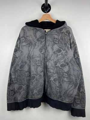 Vintage Faded Glory Skulls All Over Print Grey Sherpa Lined Zip Up Hoodie
