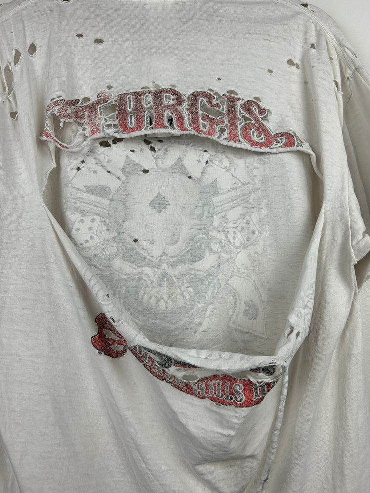 Vintage Sturgis Black Hills Rally Skull Thrashed White Tee