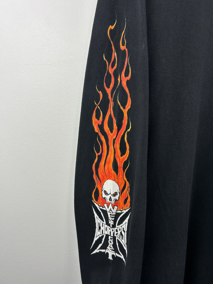 Vintage 2003 West Coast Choppers Flames Skull Black Long Sleeve