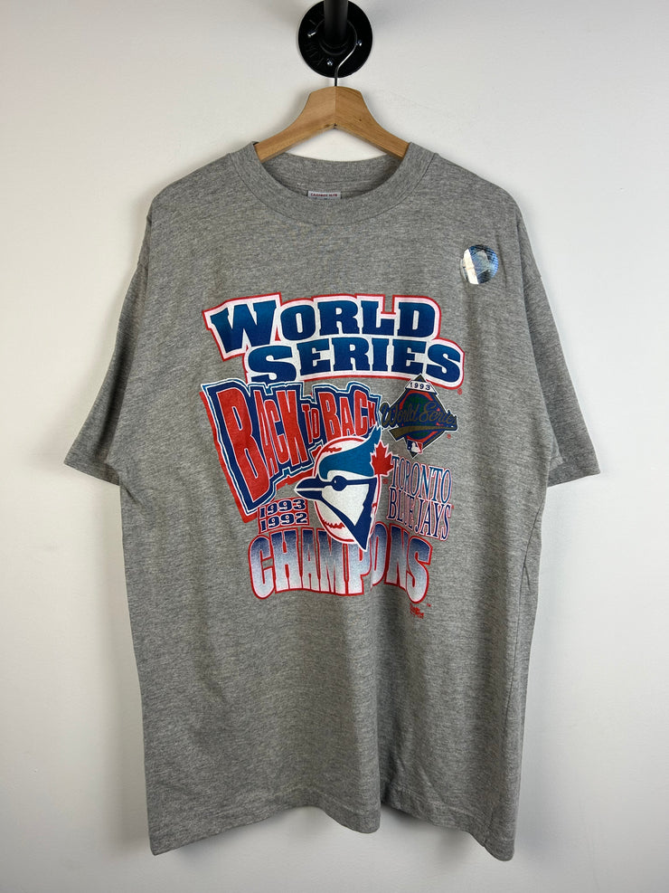 Vintage 1993 Chalk Line Toronto Blue Jays Back To Back Champions Grey Tee