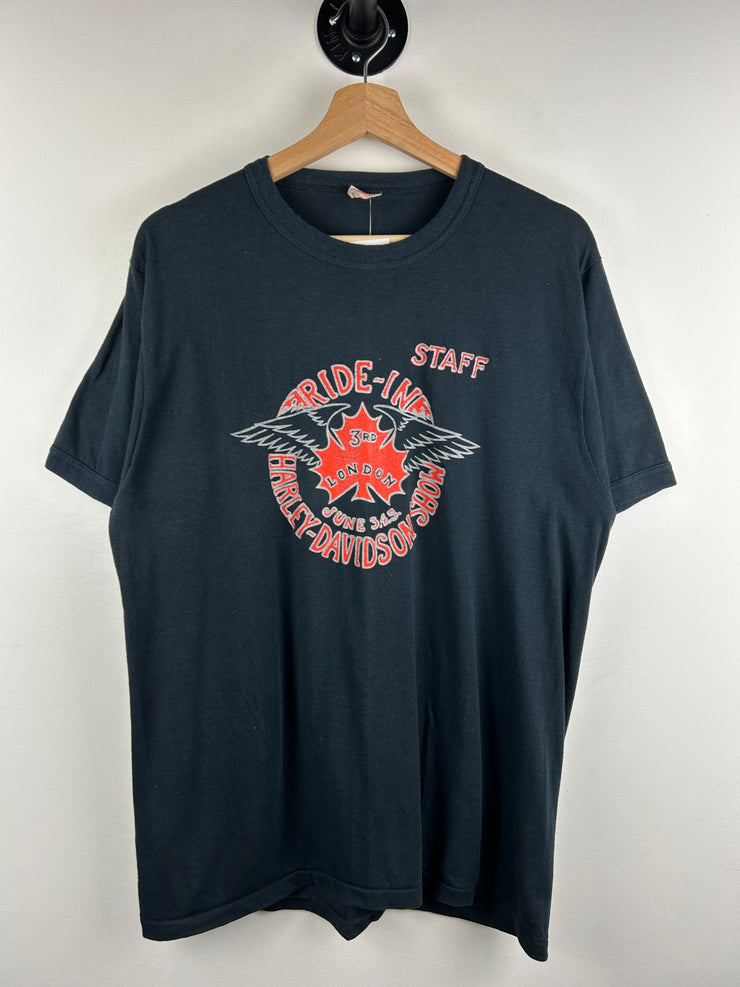 Vintage 80s Harley Davidson London Show Staff Black Ringer Tee