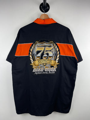 Vintage Bike Week Daytona Beach Embroidered Black & Orange Short Sleeve Button Up Shirt