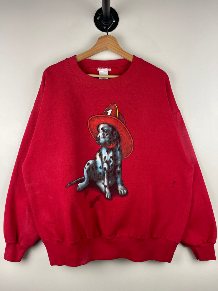 Vintage 90s Dalmatian Dog Fire Fighter Red Crewneck
