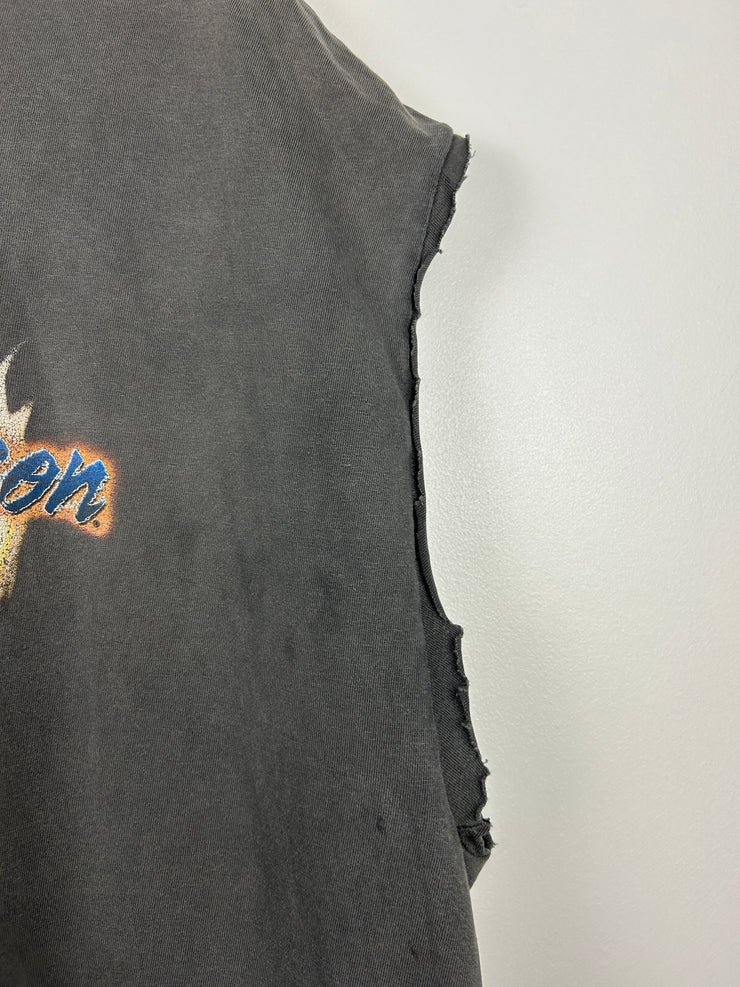 Vintage 2002 Harley Davidson Flames Maryland Thrashed Black Cut Off Tank Top