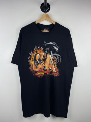 Vintage Harley Davidson Pin Up Girl Flames Black Tee