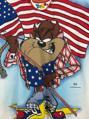 Vintage 90s Looney Tunes Taz USA American Flag Cowboy All Over Print White Tee
