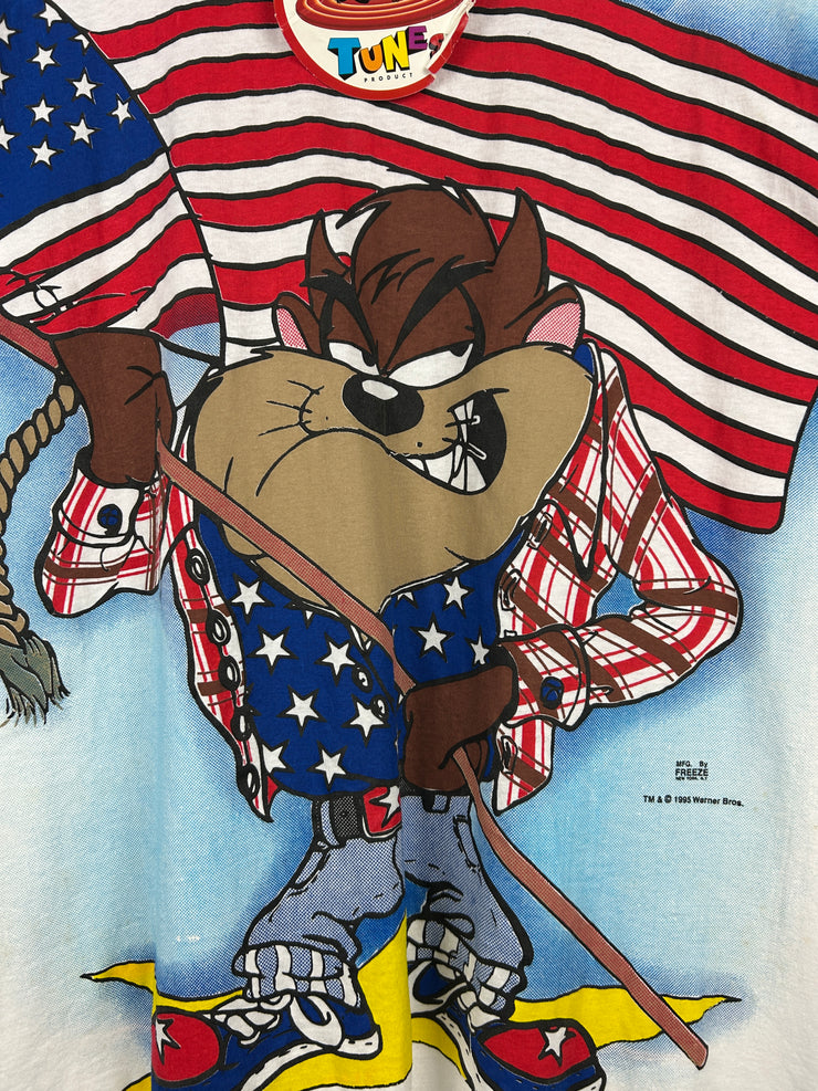 Vintage 90s Looney Tunes Taz USA American Flag Cowboy All Over Print White Tee
