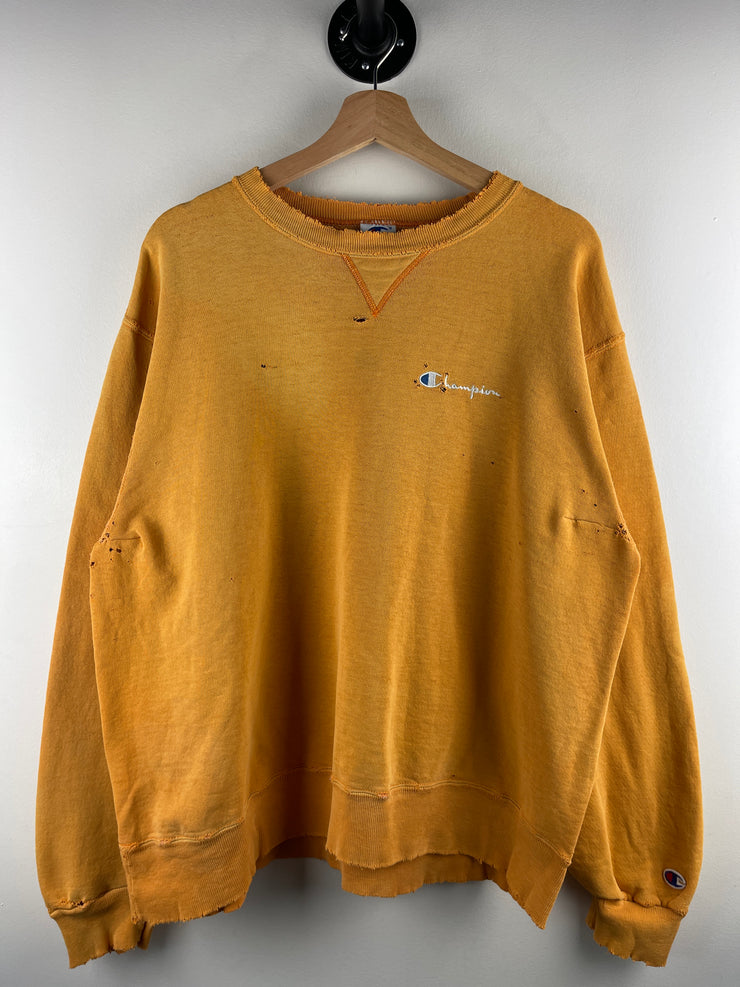 Vintage 90s Champion Embroidered Spellout Thrashed Mustard Yellow Crewneck