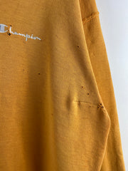 Vintage 90s Champion Embroidered Spellout Thrashed Mustard Yellow Crewneck