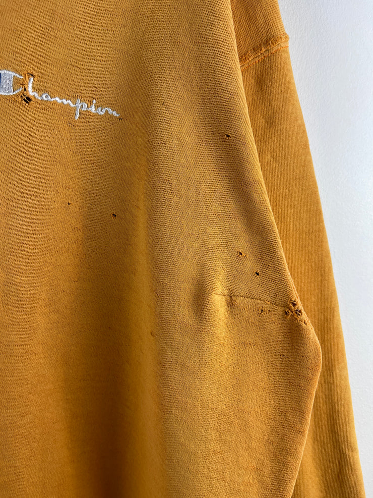 Vintage 90s Champion Embroidered Spellout Thrashed Mustard Yellow Crewneck