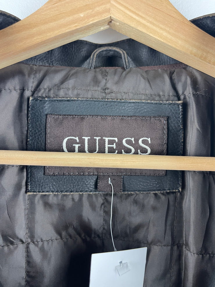 Vintage Guess Café Racer Moto Dark Brown Leather Jacket
