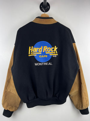 Vintage 90s Hard Rock Café Montreal Black Wool & Leather Varsity Jacket