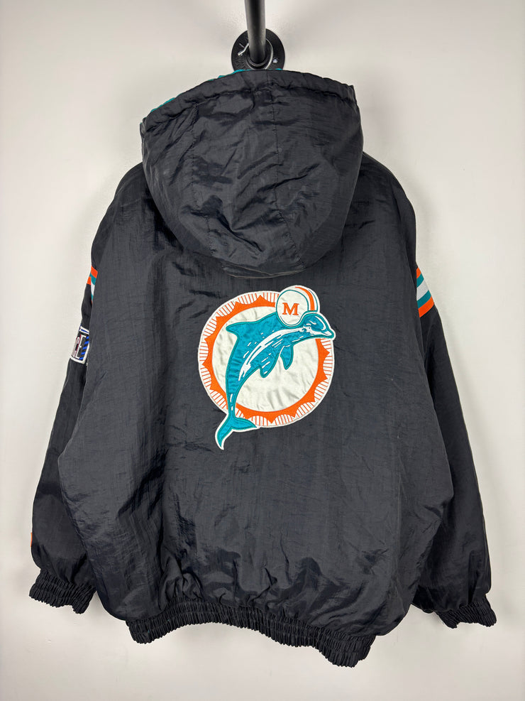 Vintage 90s NFL Pro Player Miami Dolphins Black & Teal Hooded Reversible Hooded Jacket