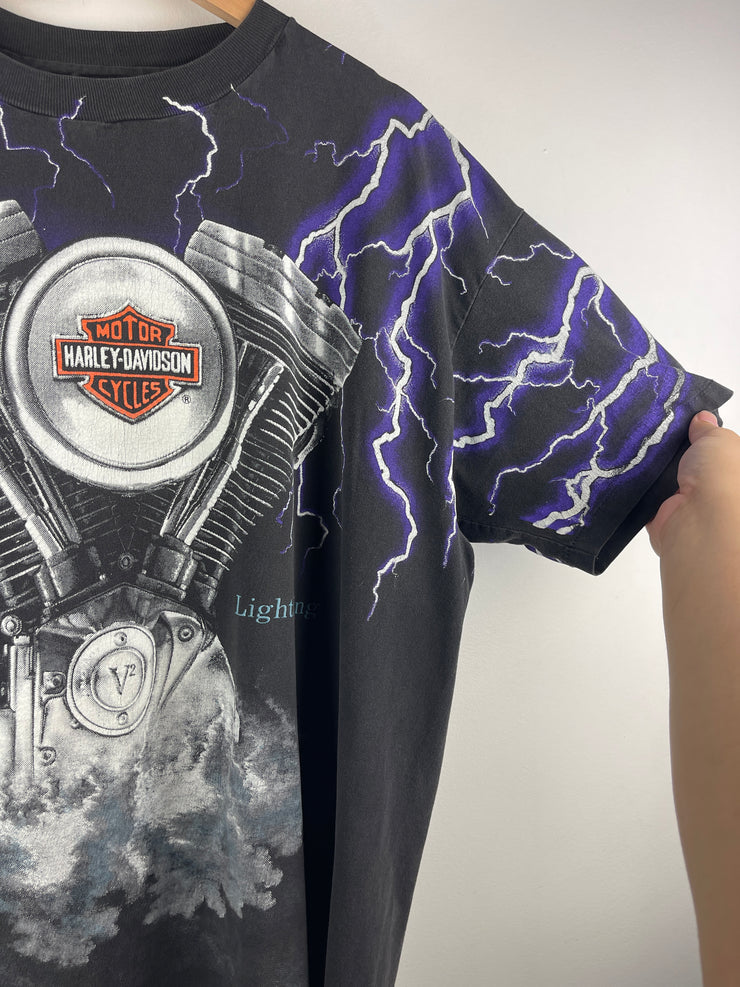 Vintage 90s Harley Davidson Illinois Thunder Lightning All Over Print Black Tee