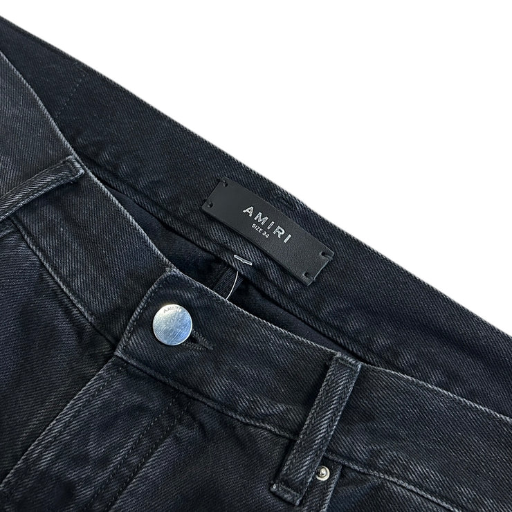 Amiri Straight Leg Panned Debossed Double Knee Black Denim Jeans