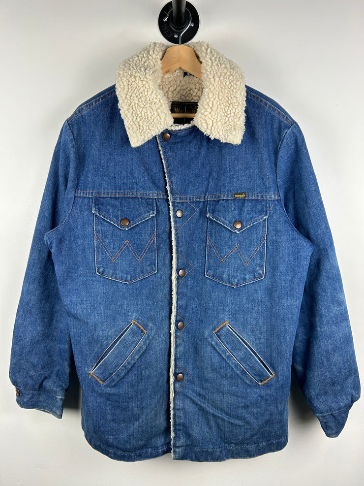 Vintage 80s Wrangler Dark Wash Blue Denim Sherpa Lined Jacket