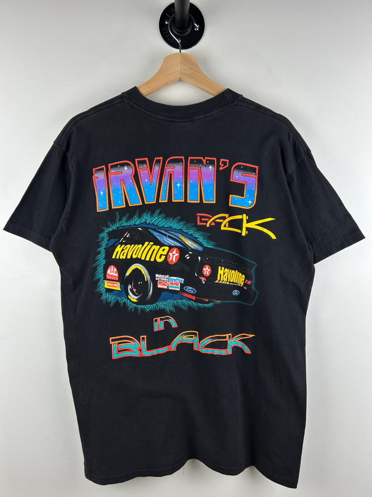 Vintage 90s Nascar Ernie Irvan Havoline Shattering The Barriers Black Tee