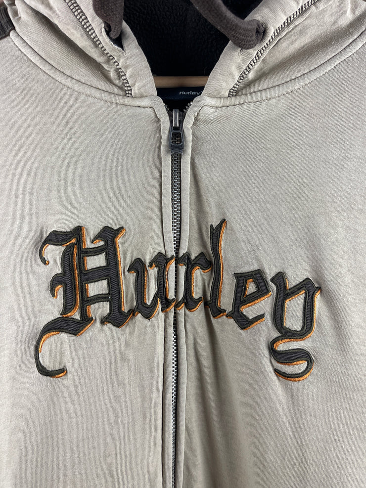 Vintage Hurley Skateboards Surfing Beige & Brown Fleece Lined Zip Up Hoodie